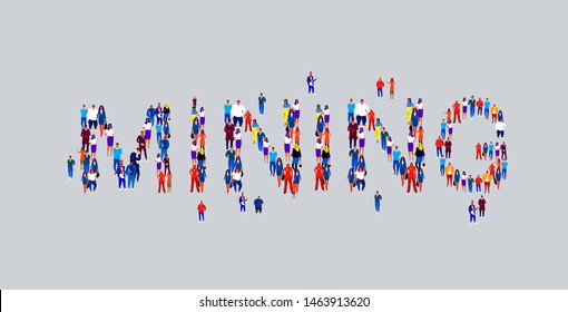 businesspeople crowd gathering in shape of mining word different business people employees group standing together social media community concept flat horizontal