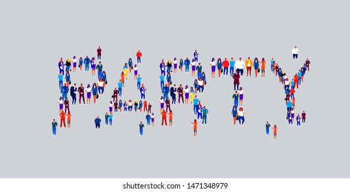 businesspeople crowd gathering in shape of party word different business people employees group standing together social media community concept flat horizontal