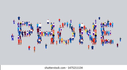 businesspeople crowd gathering in shape of phone word different business people employees group standing together social media community concept flat horizontal