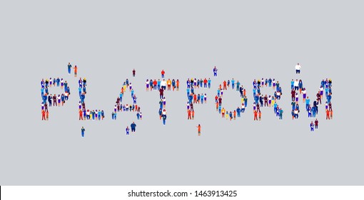 businesspeople crowd gathering in shape of platform word different business people employees group standing together social media community concept flat horizontal