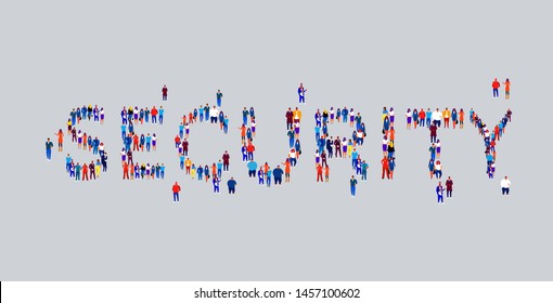 businesspeople crowd gathering in shape of security word different business people employees group standing together social media community concept flat horizontal