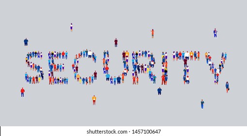 businesspeople crowd gathering in shape of security word different business people employees group standing together social media community concept flat horizontal
