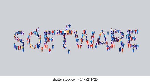 businesspeople crowd gathering in shape of software word different business people employees group standing together social media community concept flat horizontal
