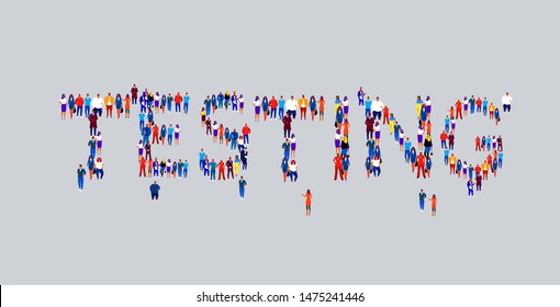 businesspeople crowd gathering in shape of testing word different business people employees group standing together social media community concept flat horizontal