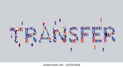 businesspeople crowd gathering in shape of transfer word different business people employees group standing together social media community concept flat horizontal