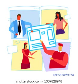 Businesspeople Developers Building Computer Application And Working Together Creative User Interface Teamwork Concept Sketch Flow Style
