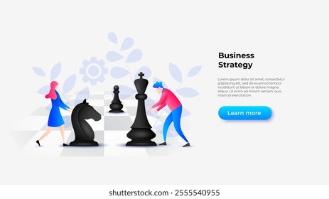 Businesspeople developing business strategy moving giant chess pieces on a chessboard