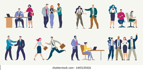 Businesspeople in Different Work Situations Flat Vector Set Isolated on White Background. Secretary Giving Document to Boss, Colleagues Messaging by Phone, Hurrying Employee, Hugging Team Illustration