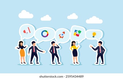 Businesspeople discuss a topic, lead to the appearance of an icon about creativity, ideas, and innovation in marketing, illustration of sharing about SEO, SEM, and marketing strategies