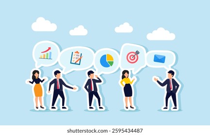 Businesspeople discuss a topic, leading to the appearance of an icon about business management, illustration of sharing about business management