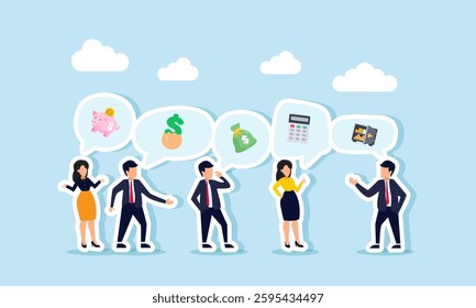 Businesspeople discuss a topic, leading to the appearance of an icon about business financial management, illustration of learning about profit, dividends, and company valuation