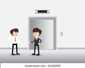 businesspeople discuss and waiting for elevator