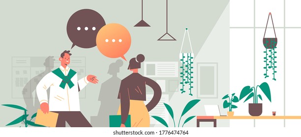 businesspeople discussing business strategy during meeting chat bubble communication teamwork concept modern office interior horizontal portrait vector illustration