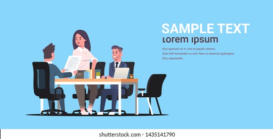 businesspeople discussing contract during business development meeting colleagues partners working with co-investment document negotiation concept flat horizontal copy space full length