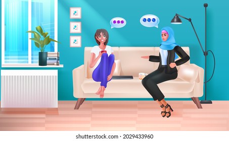 businesspeople discussing during meeting chat bubble communication concept office interior horizontal