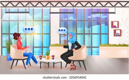 businesspeople discussing during meeting chat bubble communication teamwork social media network concept