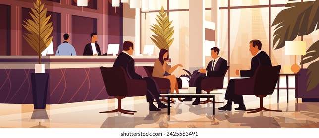 businesspeople discussing during meeting in hotel lobby business people sitting near reception desk