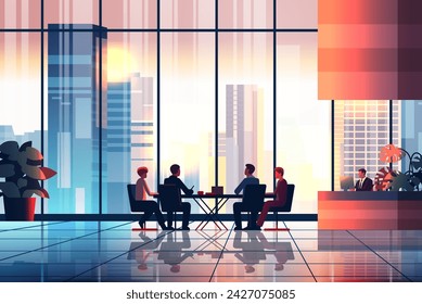 businesspeople discussing during meeting in hotel lobby business people sitting near reception desk horizontal