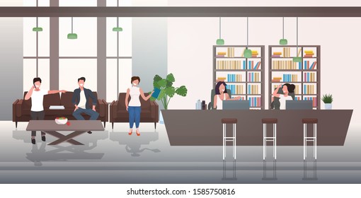 businesspeople discussing during meeting in lobby with reception counter creative co-working business center office interior horizontal full length vector illustration