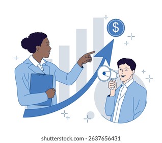 Businesspeople discussing financial growth with arrow and dollar symbol, flat graphic style, on white background. Concept of teamwork and success. Vector illustration