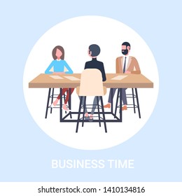 businesspeople discussing new project during meeting sitting at table brainstorming colleagues planning business startup teamwork concept flat full length vector illustration
