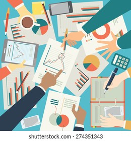 Businesspeople discussion on pictogram and graph paper, showing crisis business. Top angle. Flat design. 