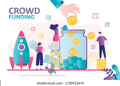 Businesspeople donations money for new project. Banner with people putting coins to glass bank. Crowdfunding, launch new startup. Rocket ready to start.Teamwork, investment concept.Vector illustration