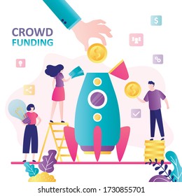 Businesspeople donations money for new project. Various people putting coins in spaceship. Crowdfunding,launch new startup. Rocket ready to start.Teamwork, investment concept. Flat Vector illustration