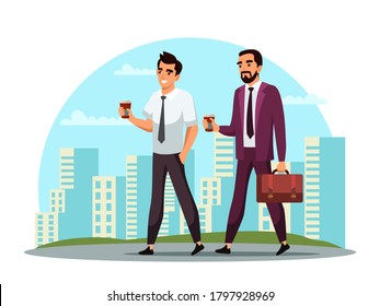 Businesspeople drink coffee during walk in street. Businessman partner or coworker enjoy morning hot aroma beverage and having nice conversation. Informal meeting. Vector cityscape background