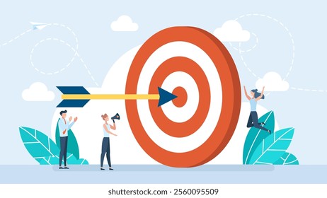 Businesspeople driving arrow to goal. Business goals achievement. Successful professional team hitting target. Сhallenge, aim, achievement, teamwork, business, marketing concept. Vector illustration