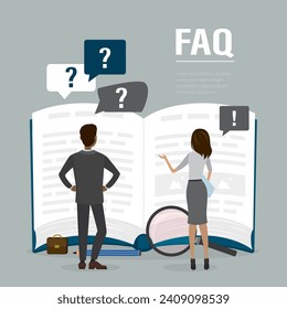 Businesspeople or employees reads open guide book or user manual. Finding answers, solving problems. FAQ, landing page template. Teamwork, brainstorming. Office managers need help. Vector illustration