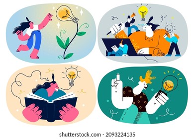 Los empresarios que participan en el proceso de pensamiento creativo desarrollan nuevas ideas de negocios en funcionamiento. Los empresarios exitosos y confiados trabajan en proyectos financieros o emprendimientos. Innovación. Ilustración vectorial. Establecer.