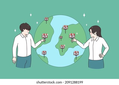 Businesspeople expand restaurant franchise network over globe. Successful people entrepreneurs share business worldwide, open new places around world. Entrepreneurship. Vector illustration. 