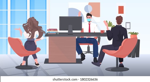 businesspeople in face masks keeping distance to prevent coronavirus epidemic covid-19 protection measures business people team brainstorming office interior horizontal full length vector illustration