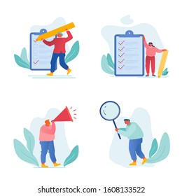 Businesspeople Filling Checklist Set isolated on White Background. Business Men and Women Cry to Loudspeaker, Looking through Magnifying Glass, Put Check Marks on Doc Cartoon Flat Vector Illustration