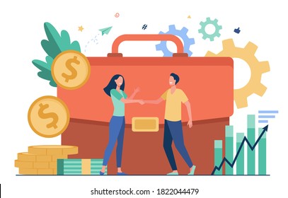 Businesspeople financing or investing money and handshaking flat vector illustration. Cartoon investors taking credit for investments. Partnership, money transaction and business challenge concept