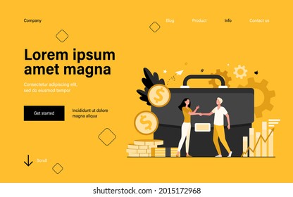 Businesspeople financing or investing money and handshaking flat vector illustration. Cartoon investors taking credit for investments. Partnership, money transaction and business challenge concept