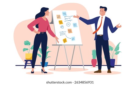 Businesspeople with flipchart - Two people, man and woman in workshop using sticky notes and scribbles to solve project problem, discussing and talking. Flat design vector illustration graphic 