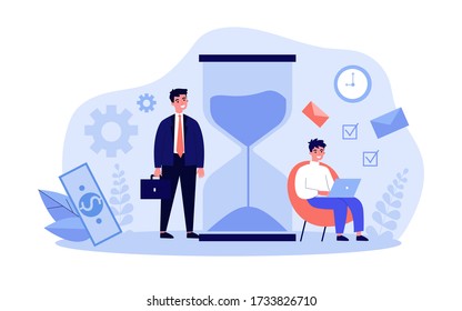 Businesspeople Following Time Table Near Hour Glass. Freelancer Working In Morning, Using Laptop Under Clock. Vector Illustration Can Be Used For Time Management, Chronometer, Planning Day Concept