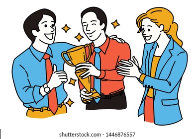 Businesspeople, friends and office colleague, give thumb up, applaud and congratulation to excellent employee who holding trophy and winning award. Line art, simple design.