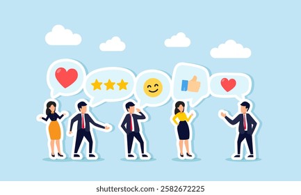 Businesspeople gather and discuss appreciation, with icons like hearts, happy emoticons, stars, and thumbs-up appearing, illustration of appreciation for business performance