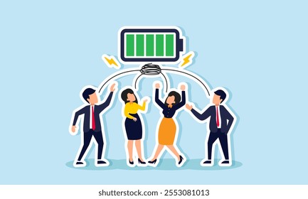 Businesspeople gathered to channel their energy into a battery, illustration of teamwork transferring positive energy to the entire team