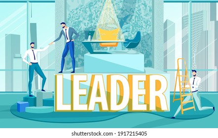 Businesspeople with Gold Boss Chair on Huge Word Leader. Man Worker in Suit Running with Ladder. Training Courses and Coaching. Leadership and Personal Growth. Vector Cartoon Flat Illustration