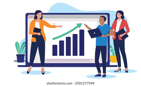 Businesspeople with graph - Group of three people, man and women standing on front of computer screen with rising diagram, chart and green arrow pointing up towards growth and success. Flat design