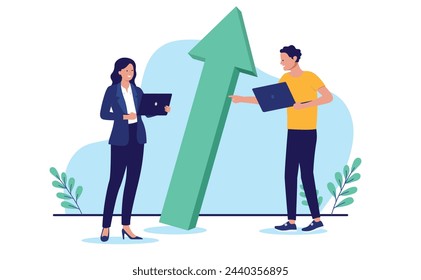 Businesspeople and green arrow - Professional man and woman standing with laptop computers and big arrow pointing up towards growth and success. Flat design vector illustration with white background
