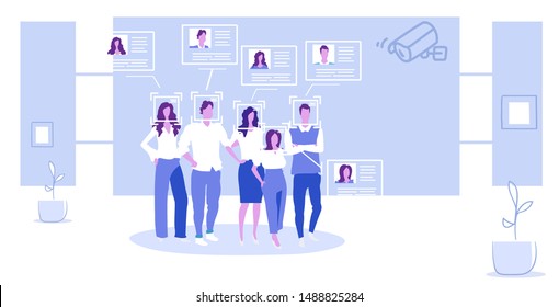 Businesspeople Group Company Employees Identification Cctv Security Camera Facial Recognition System Digital Technology Concept Sketch Full Length Horizontal