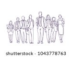 Businesspeople Group Hand Drawn Moving Forward Over White Background, Team Of Sketch Business People Vector Illustration
