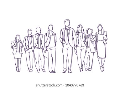 Businesspeople Group Hand Drawn Moving Forward Over White Background, Team Of Sketch Business People Vector Illustration