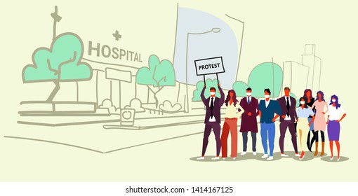 Businesspeople group holding protest holding placard signboard.  People in a crowd standing together demonstration concept.  Hospital building exterior,  cityscape background.  Doodle sketch, horizontal full length./