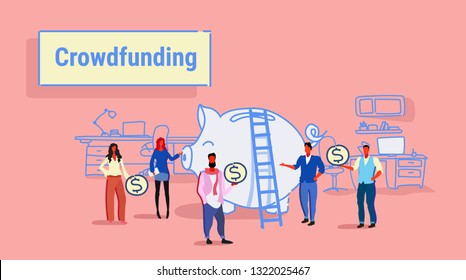 businesspeople group investment money investor crowdfunding concept business people investing dollar coins piggy bank crowd funding office interior sketch horizontal